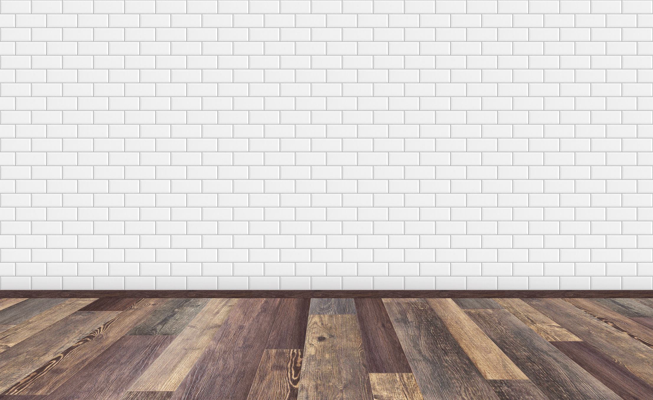 empty living room with brown vintage oak wooden floor and white ceramic walls