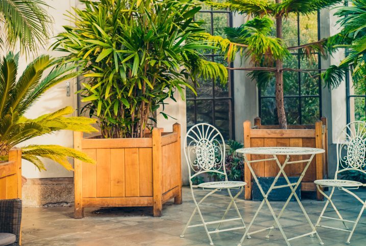 invernadero moderno con muebles de jardín